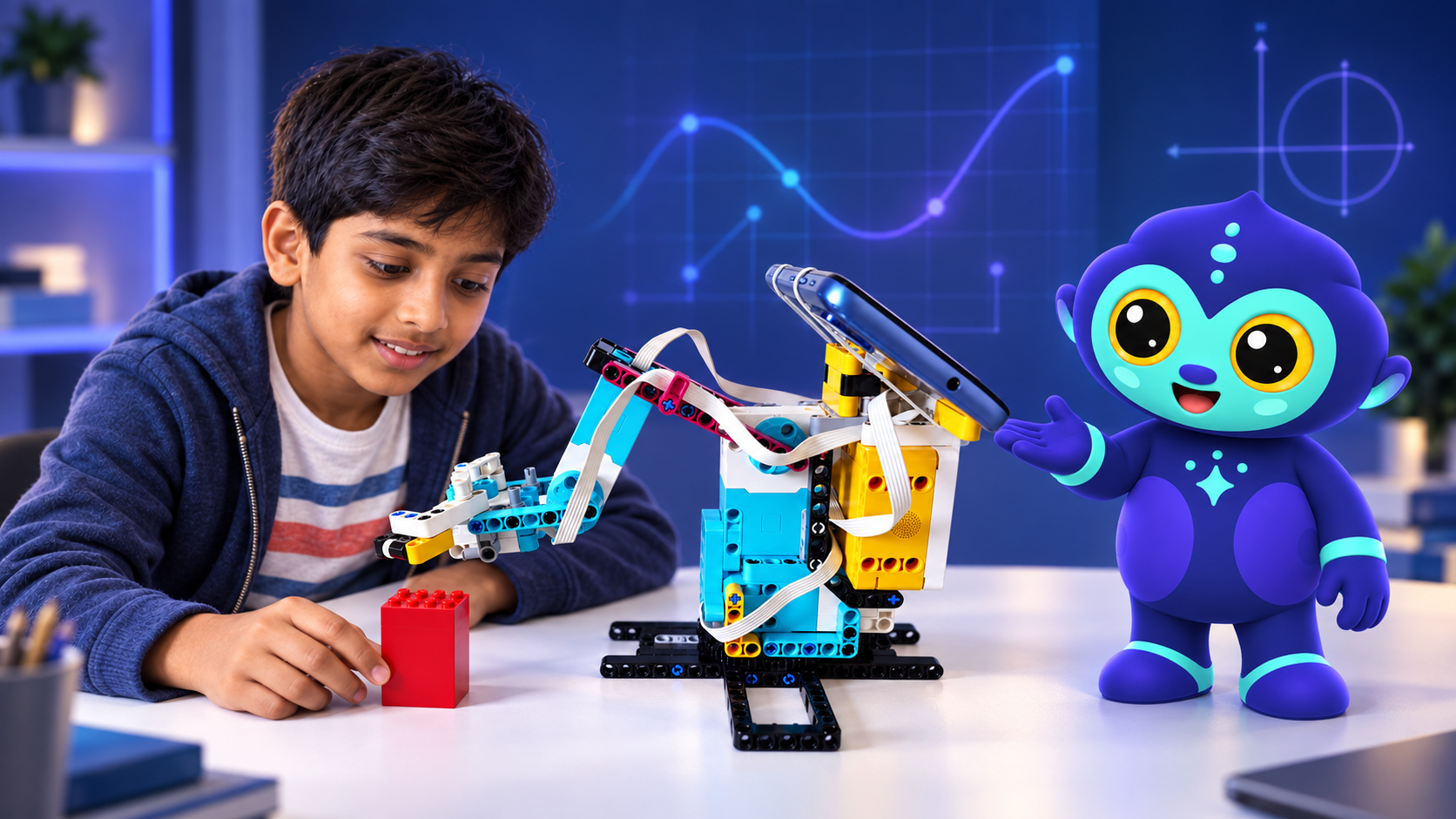 A young learner building a robotics project with AI Genie beside him.