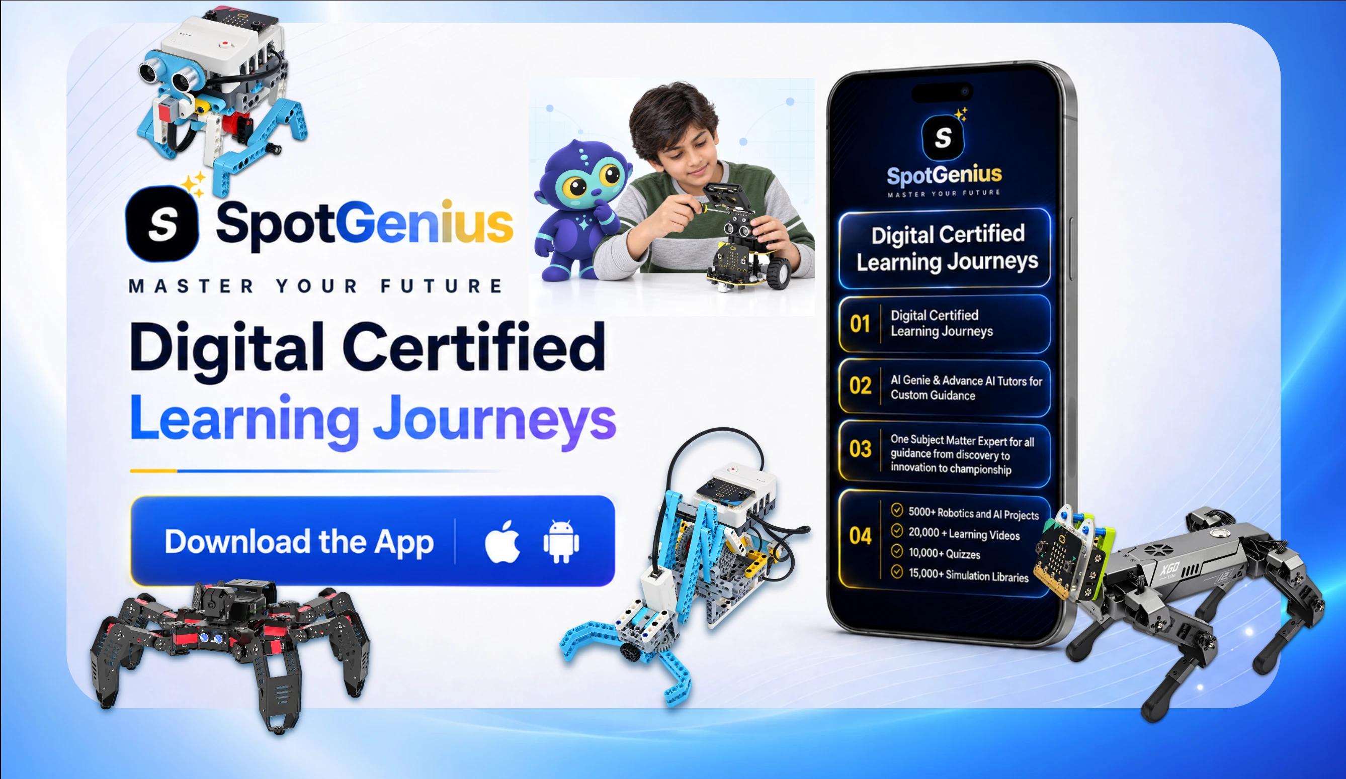 SpotGenius Digital Certified Learning Journeys, with a learner, AI Genie and the SpotGenius app.