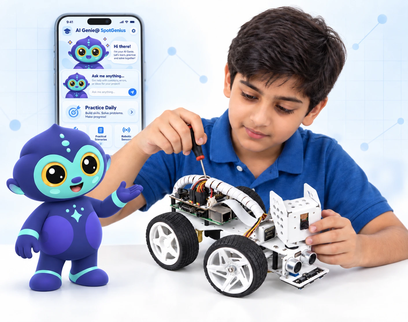 A young learner building a robotics sensor project with AI Genie beside him.